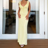 BXOXO Women Ruffle Trim Cami Dress Slim Solid Color Deep V Neck Open Back Tie Long Evening Dress for Party Clubwear